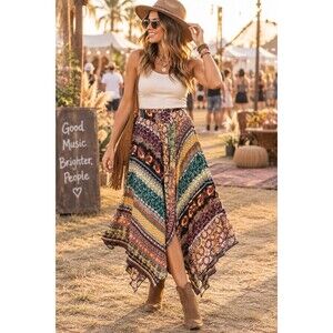 Lapis Women’s XL Boho Maxi Skirt Asymmetrical Handkerchief Hem Festival Print